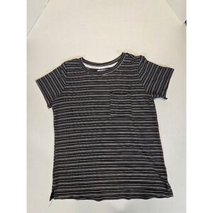 Nicole‎ Miller New York Black White Striped T-Shirt Short Sleeve Pocket Tee M